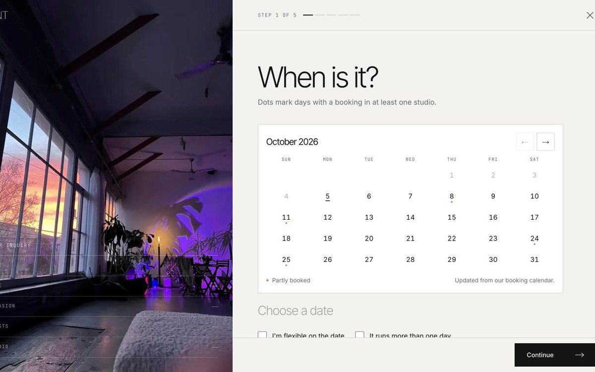 The inquiry form shows live availability before a client asks for a quote.